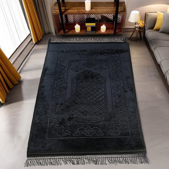 Soft Yumuşak Kadife Peluş Seccade Siyah 80 x 120 cm - 1100 gr